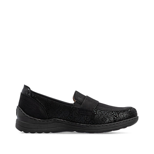 Rieker 48968-00 women's wide black elasticated shoes, outer side view.