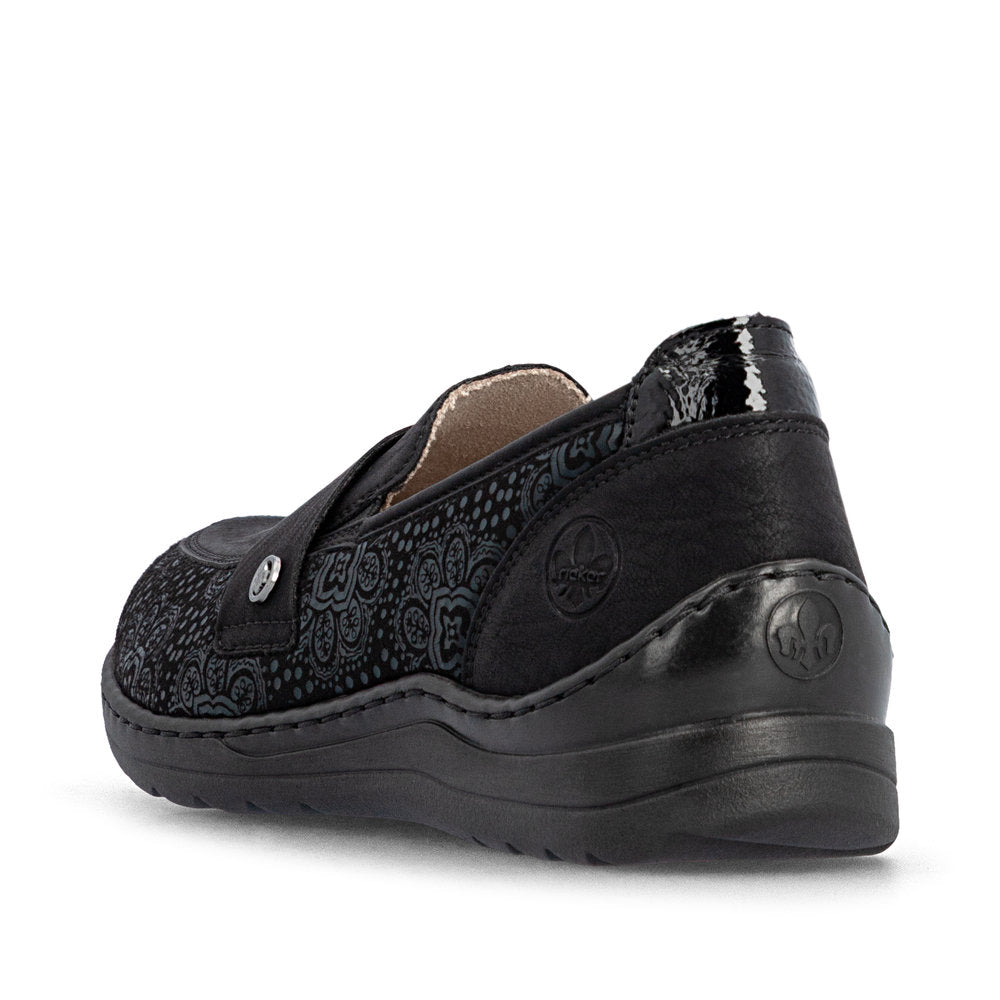 Rieker 48968-00 women's wide black elasticated shoes, rear three-quarter view.