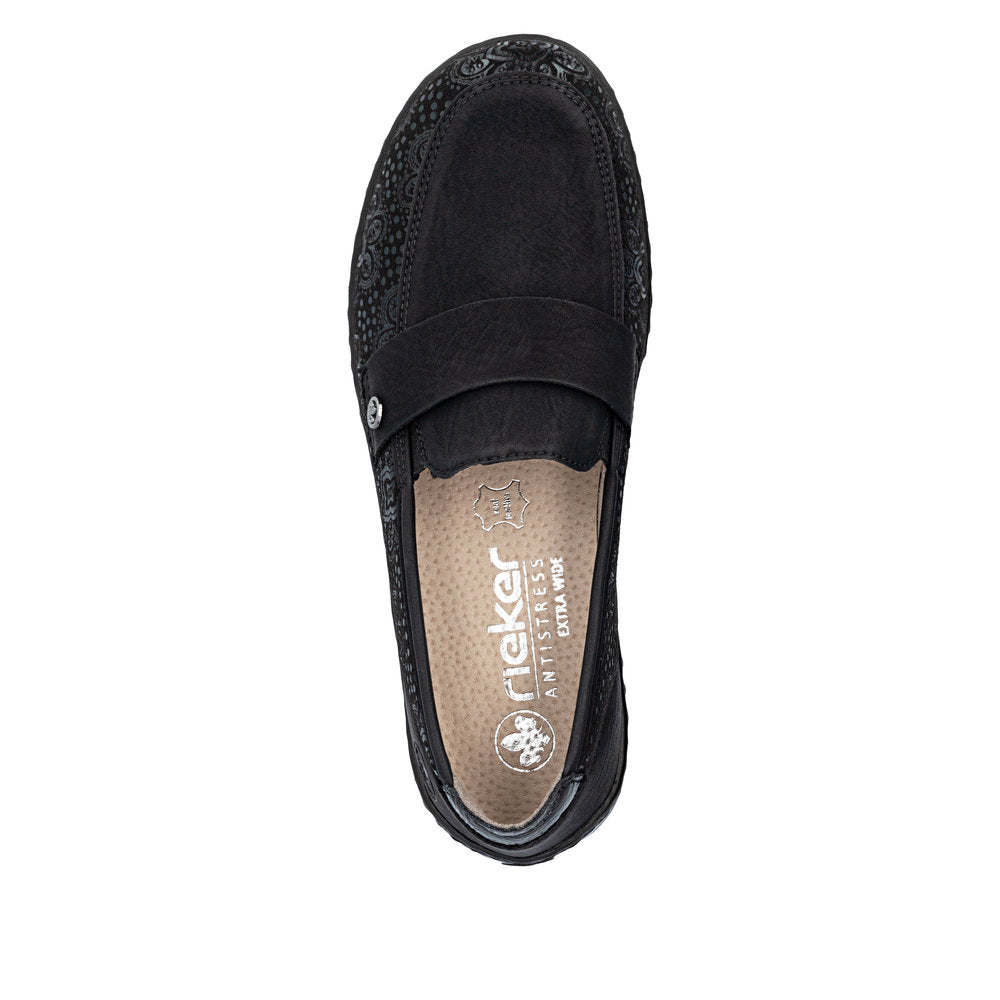 Rieker 48968-00 women's wide black elasticated shoes, top view.