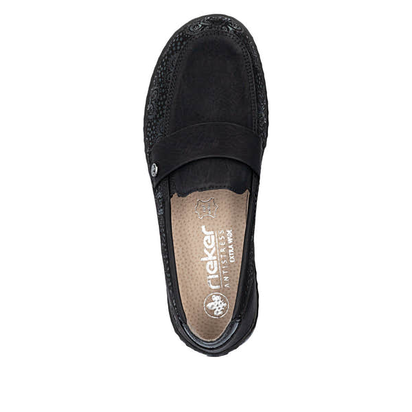 Rieker 48968-00 women's wide black elasticated shoes, top view.