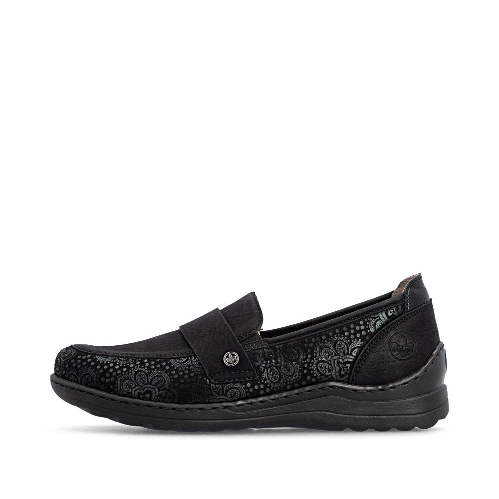 Rieker 48968-00 women's wide black elasticated shoes, inner side view.