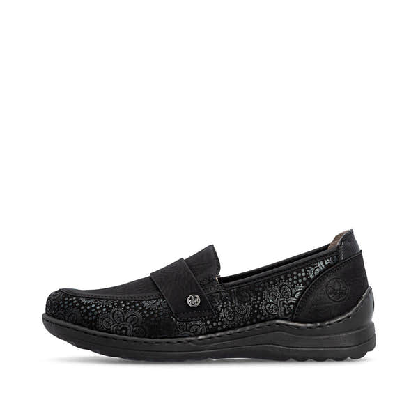 Rieker 48968-00 women's wide black elasticated shoes, inner side view.