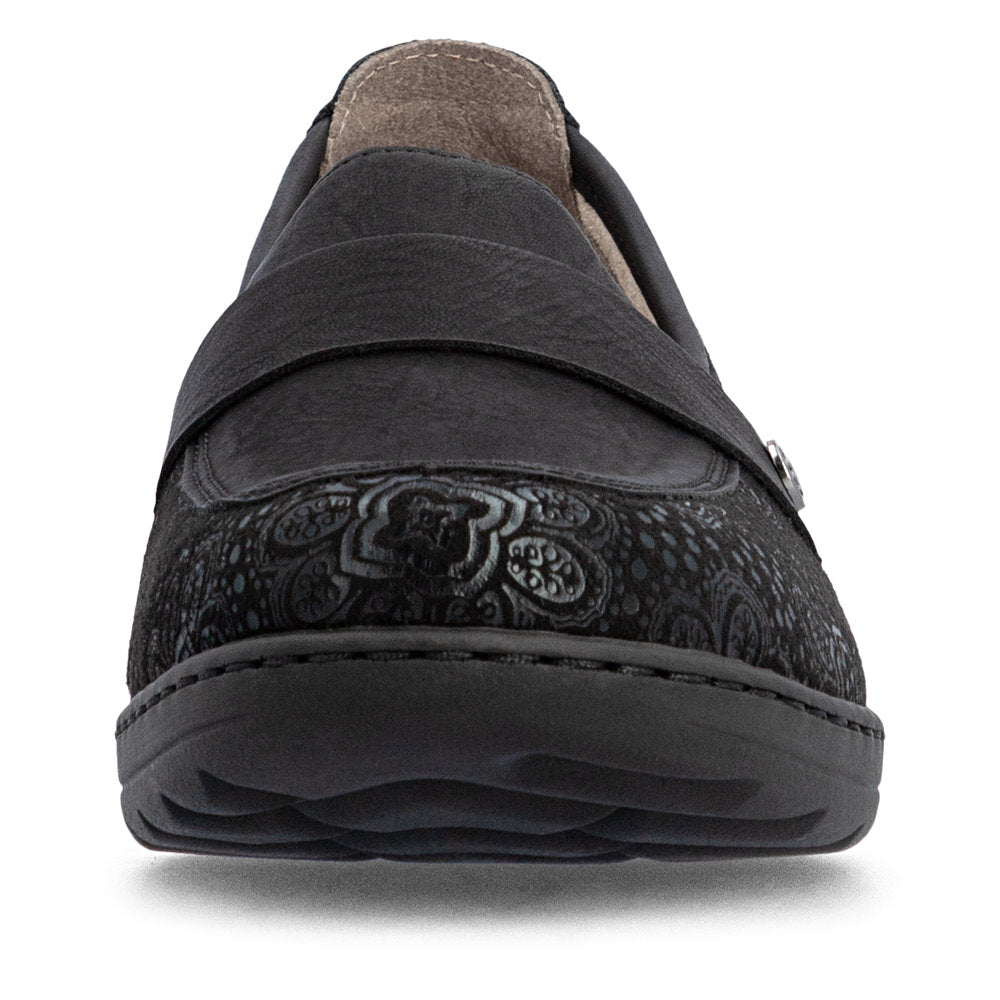 Rieker 48968-00 women's wide black elasticated shoes, front view.
