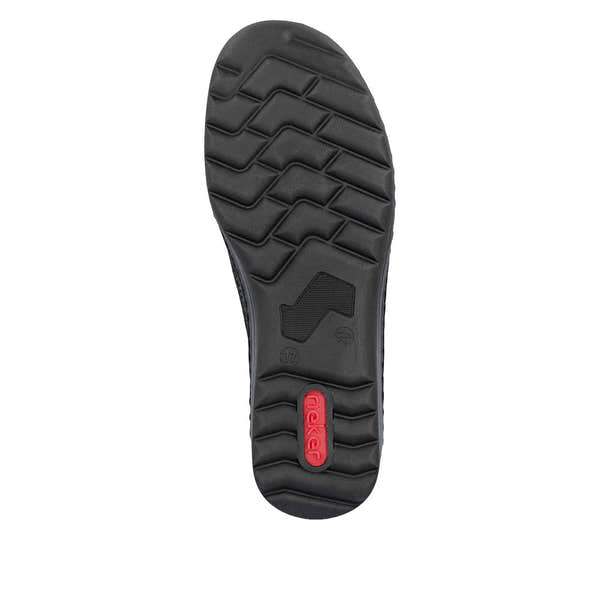 Rieker 48968-00 women's wide black elasticated shoes, sole and tread view.