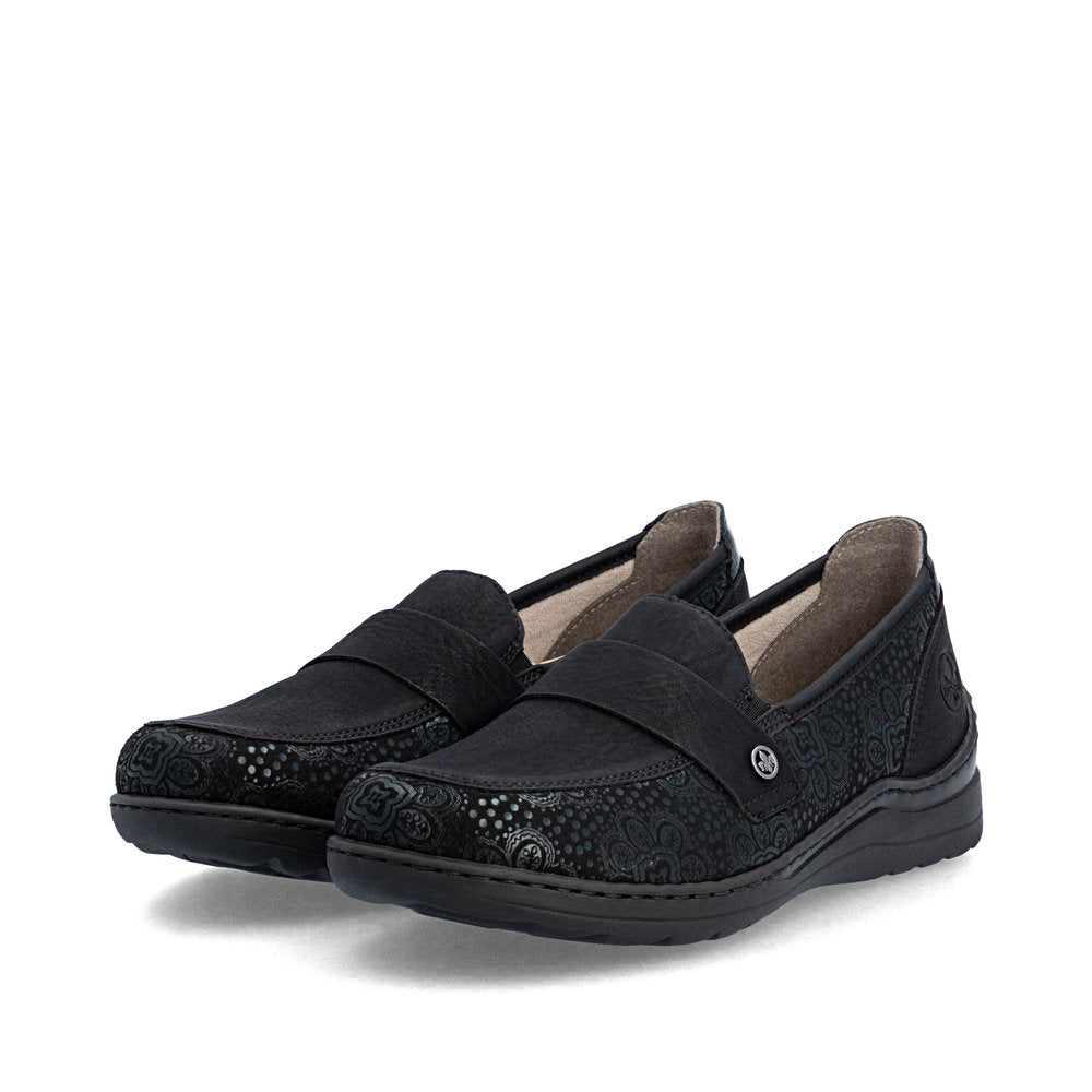 Rieker 48968-00 women's wide black elasticated shoes, paired three-quarter view.