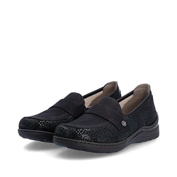 Rieker 48968-00 women's wide black elasticated shoes, paired three-quarter view.