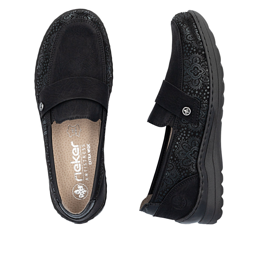Rieker 48968-00 women's wide black elasticated shoes, two-angle product view.