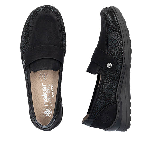 Rieker 48968-00 women's wide black elasticated shoes, two-angle product view.