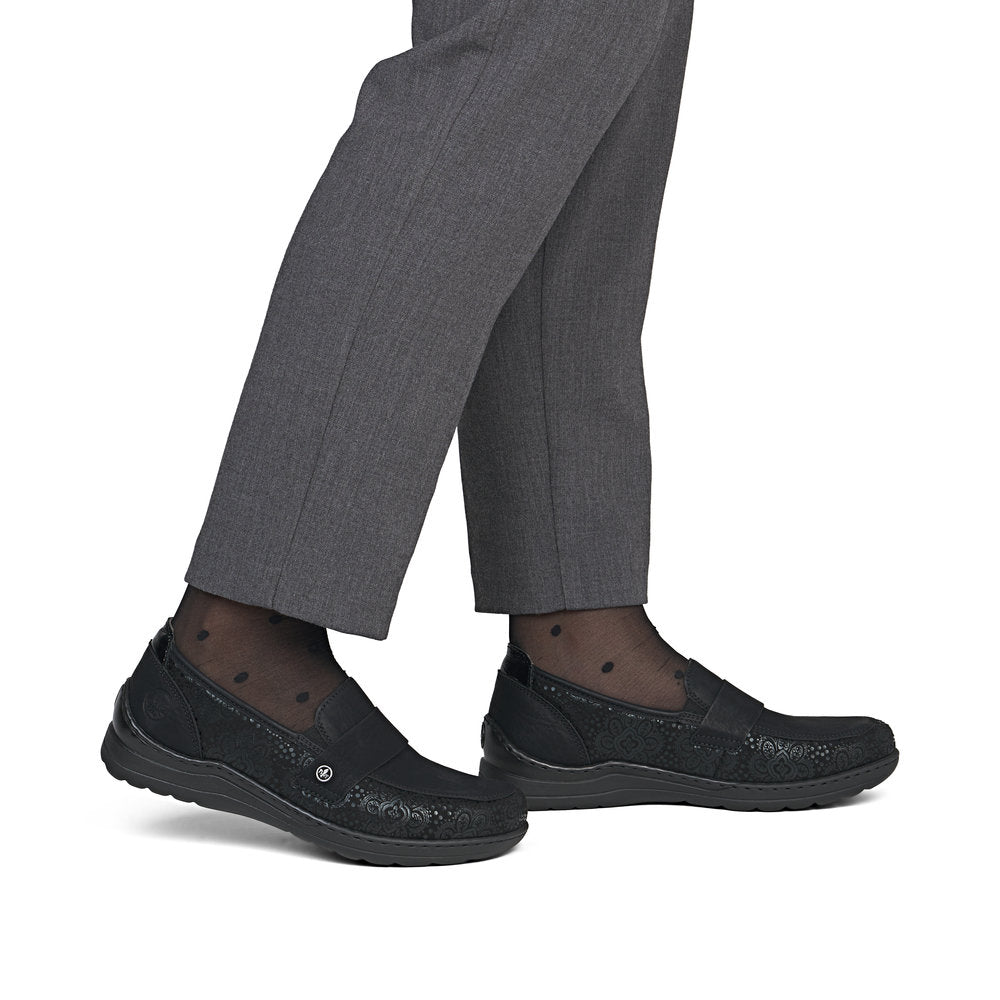 Rieker 48968-00 women's wide black elasticated shoes, on-foot lifestyle view.