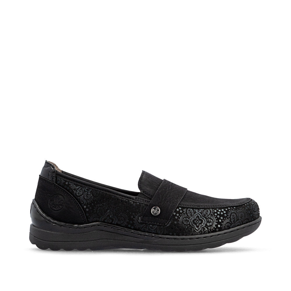 Rieker 48968-00 women's wide black elasticated shoes, opposite side view.