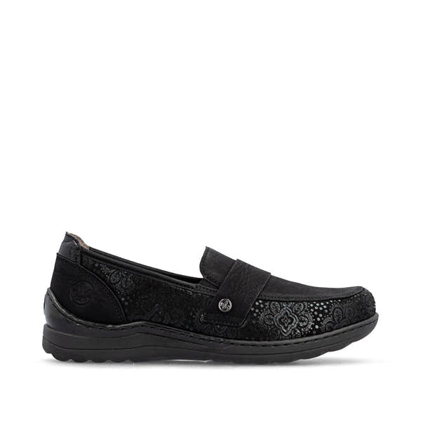 Rieker 48968-00 women's wide black elasticated shoes, opposite side view.