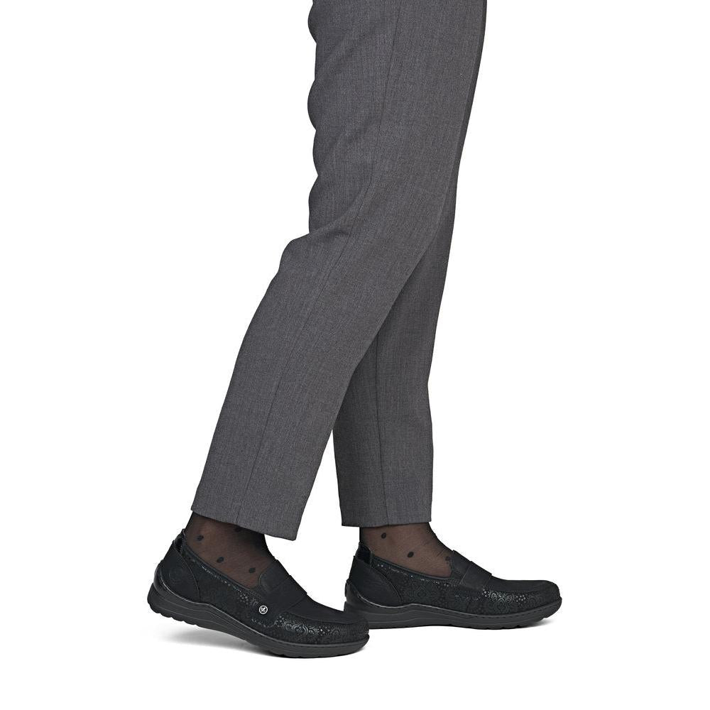 Rieker 48968-00 women's wide black elasticated shoes, on-foot lifestyle view.