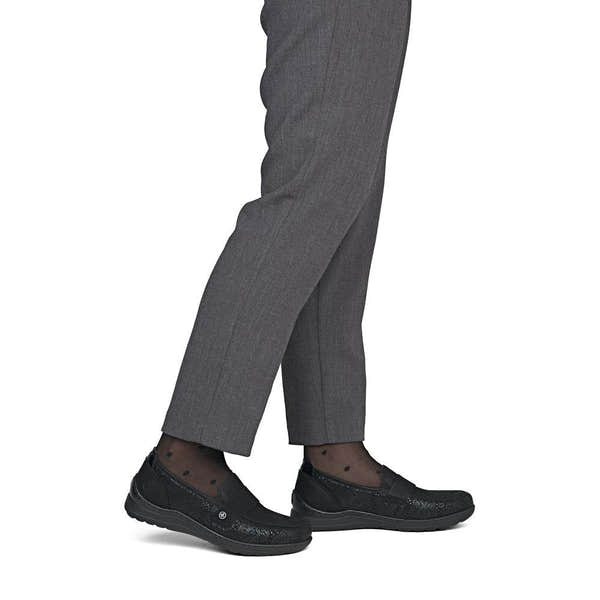 Rieker 48968-00 women's wide black elasticated shoes, on-foot lifestyle view.