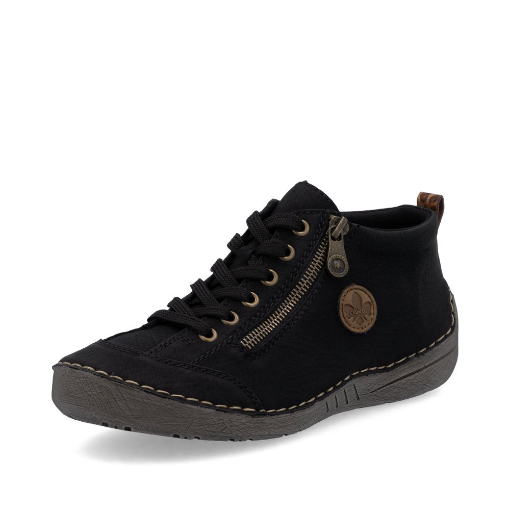 Rieker 52514-00 women's black zip & lace shoe boots, front three-quarter view.