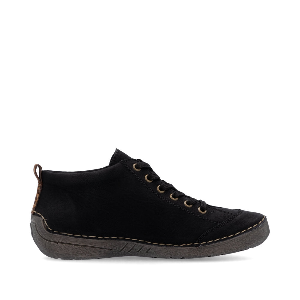 Rieker 52514-00 women's black zip & lace shoe boots, outer side view.
