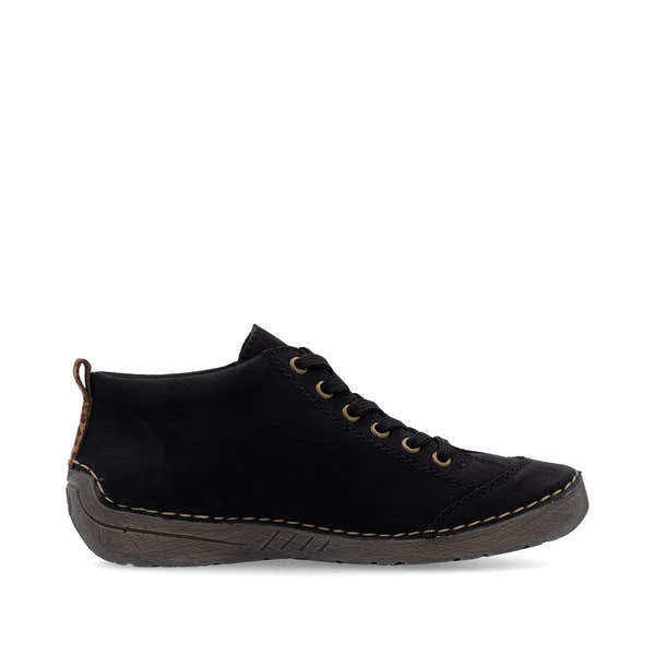Rieker 52514-00 women's black zip & lace shoe boots, outer side view.