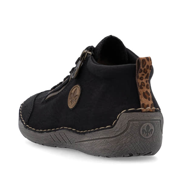 Rieker 52514-00 women's black zip & lace shoe boots, rear three-quarter view.