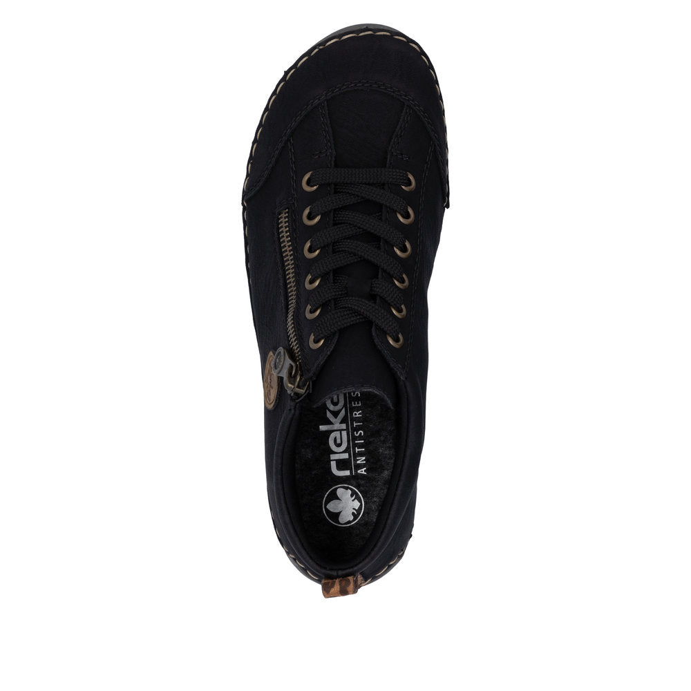 Rieker 52514-00 women's black zip & lace shoe boots, top view.