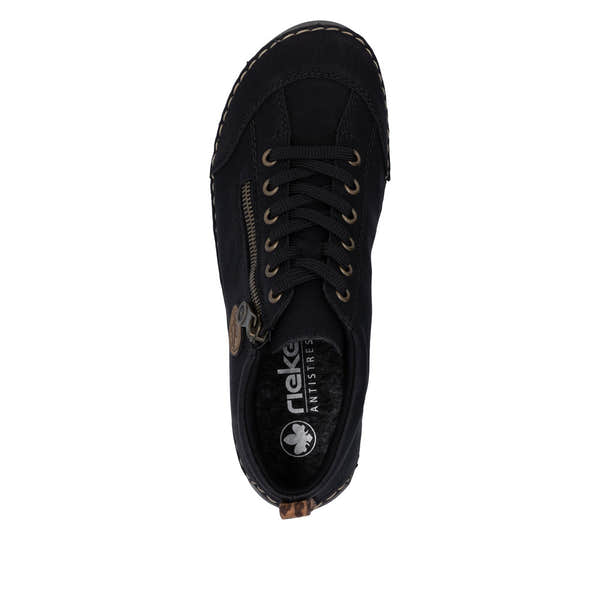 Rieker 52514-00 women's black zip & lace shoe boots, top view.