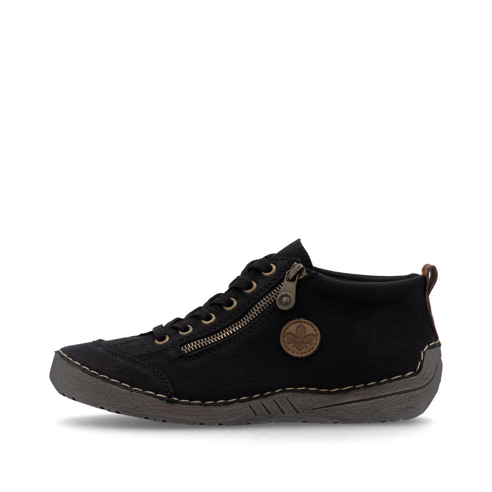 Rieker 52514-00 women's black zip & lace shoe boots, inner side view.