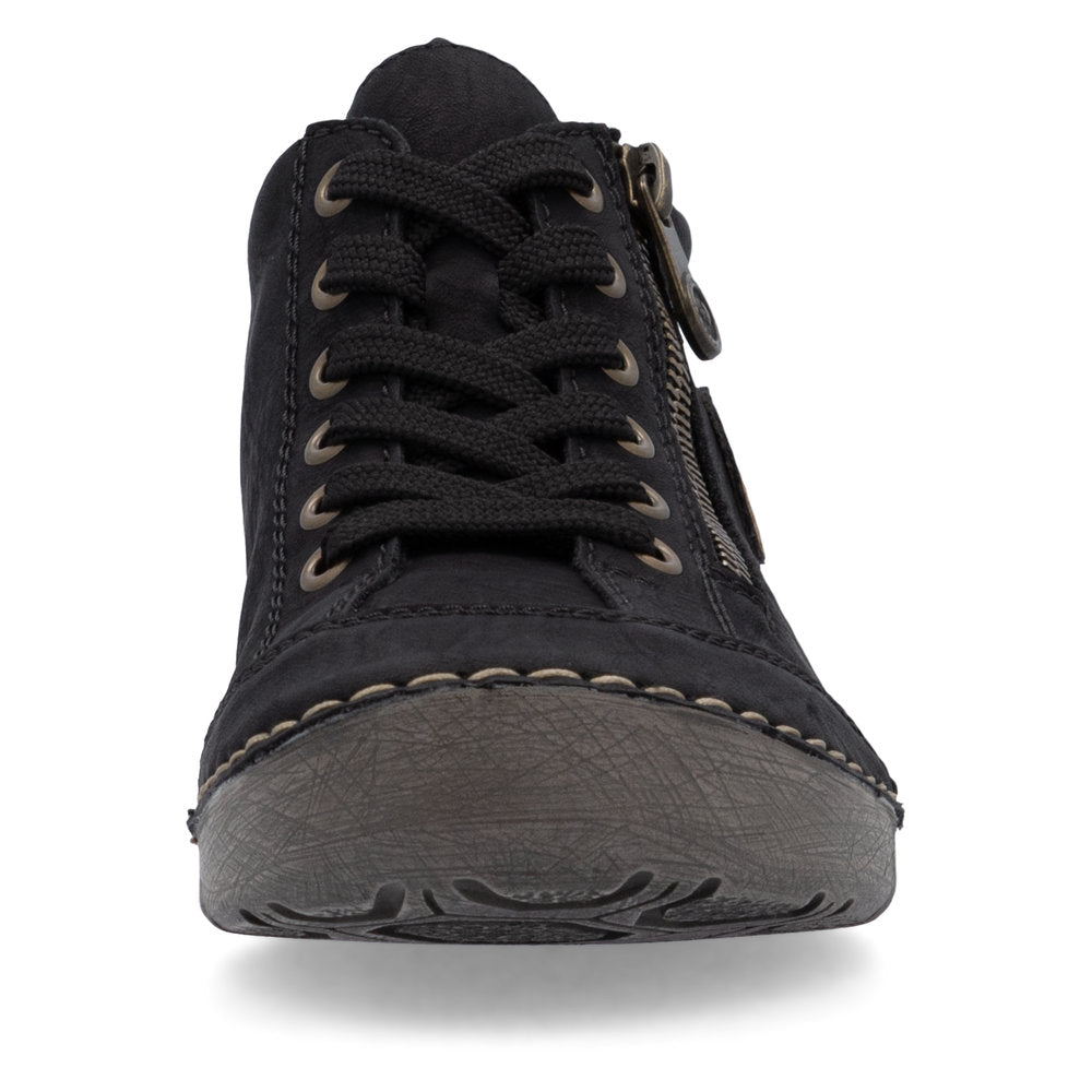 Rieker 52514-00 women's black zip & lace shoe boots, front view.