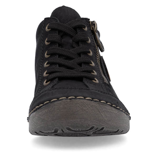Rieker 52514-00 women's black zip & lace shoe boots, front view.