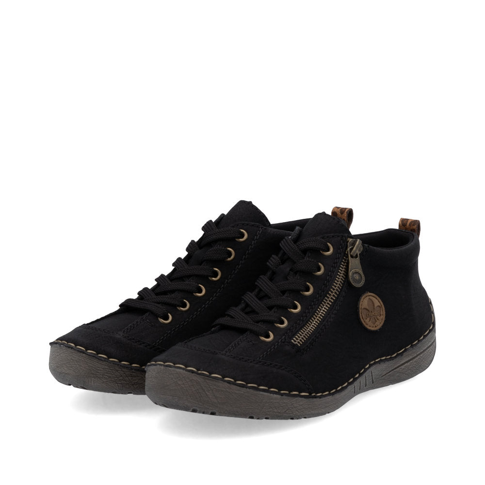 Rieker 52514-00 women's black zip & lace shoe boots, paired three-quarter view.