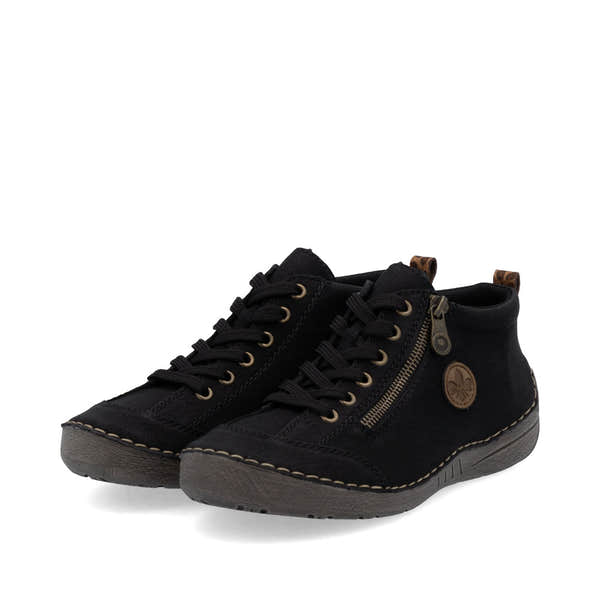 Rieker 52514-00 women's black zip & lace shoe boots, paired three-quarter view.