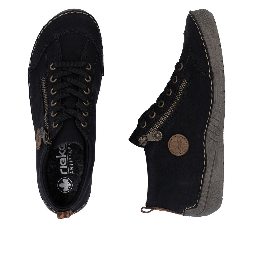 Rieker 52514-00 women's black zip & lace shoe boots, two-angle product view.