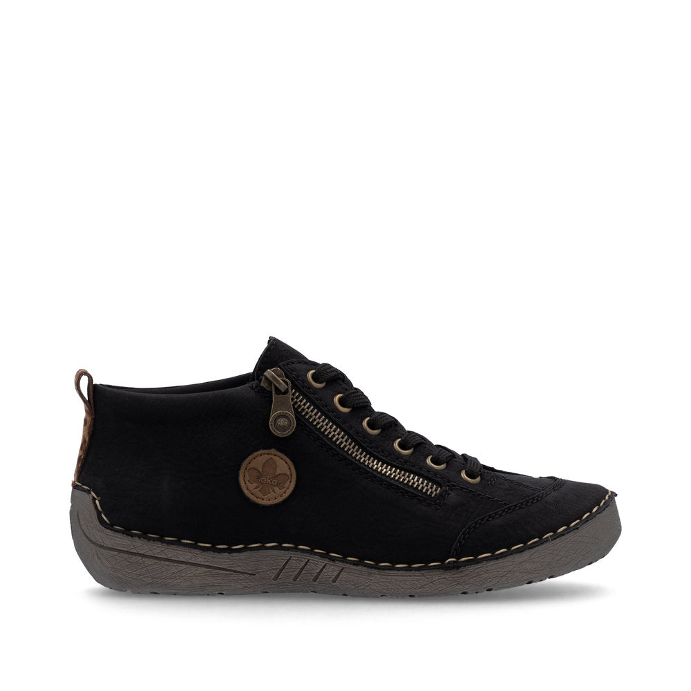 Rieker 52514-00 women's black zip & lace shoe boots, opposite side view.