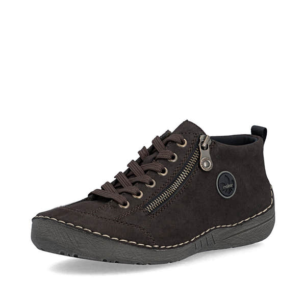 Rieker 52514-26 women's brown zip & lace shoes, front three-quarter view.