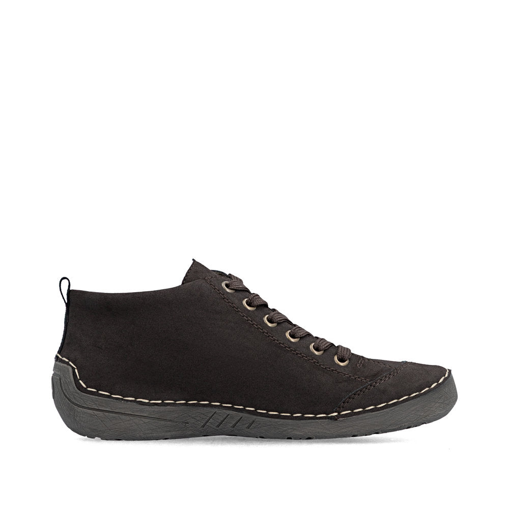 Rieker 52514-26 women's brown zip & lace shoes, outer side view.