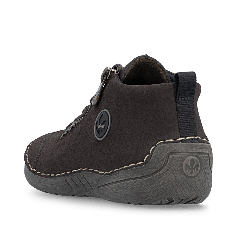 Rieker 52514-26 women's brown zip & lace shoes, rear three-quarter view.