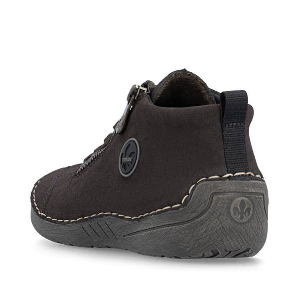 Rieker 52514-26 women's brown zip & lace shoes, rear three-quarter view.