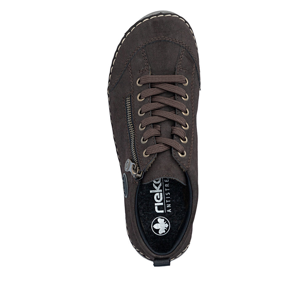 Rieker 52514-26 women's brown zip & lace shoes, top view.