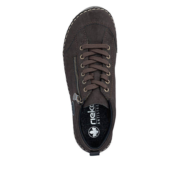 Rieker 52514-26 women's brown zip & lace shoes, top view.