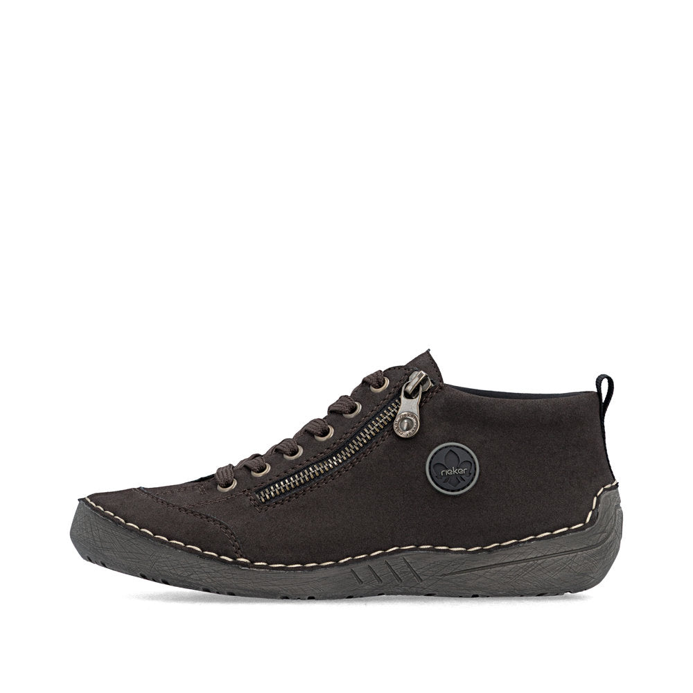 Rieker 52514-26 women's brown zip & lace shoes, inner side view.