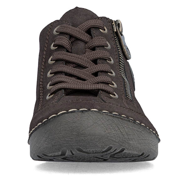 Rieker 52514-26 women's brown zip & lace shoes, front view.