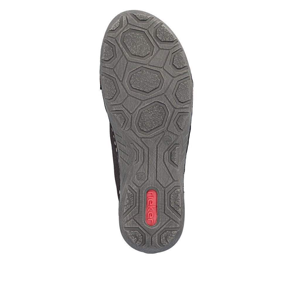 Rieker 52514-26 women's brown zip & lace shoes, sole and tread view.