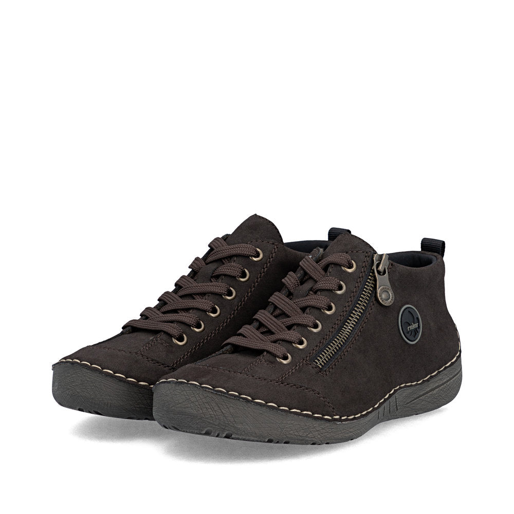 Rieker 52514-26 women's brown zip & lace shoes, paired three-quarter view.