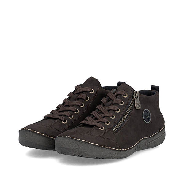 Rieker 52514-26 women's brown zip & lace shoes, paired three-quarter view.