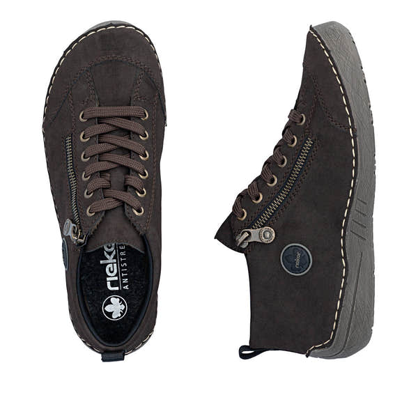Rieker 52514-26 women's brown zip & lace shoes, two-angle product view.