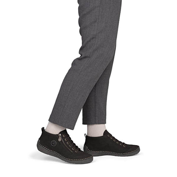 Rieker 52514-26 women's brown zip & lace shoes, on-foot lifestyle view.
