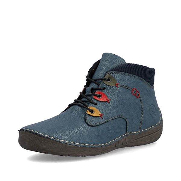 Rieker 52544-14 women's blue zip & lace ankle boots, front three-quarter view.