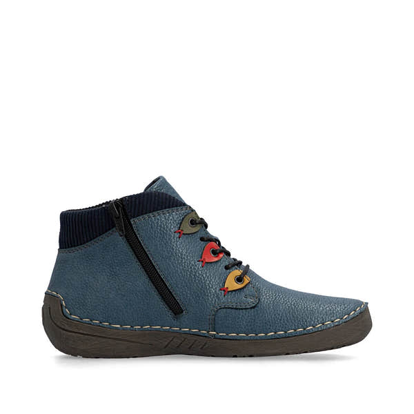 Rieker 52544-14 women's blue zip & lace ankle boots, outer side view.