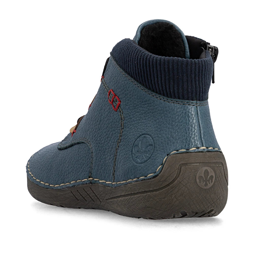 Rieker 52544-14 women's blue zip & lace ankle boots, rear three-quarter view.