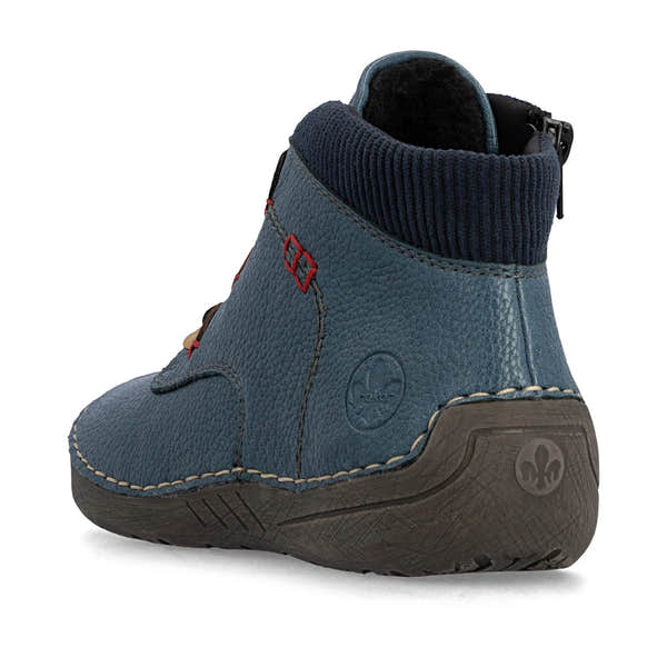 Rieker 52544-14 women's blue zip & lace ankle boots, rear three-quarter view.