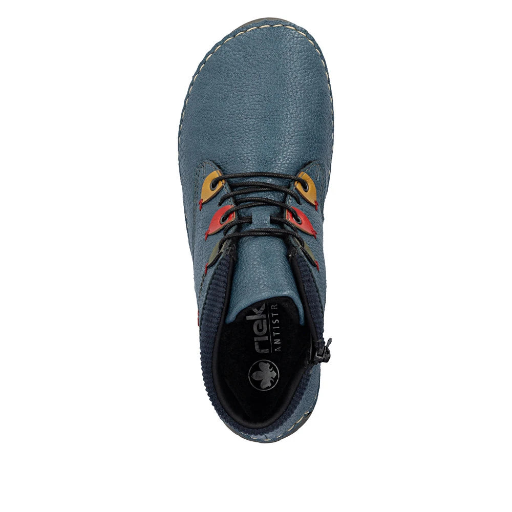 Rieker 52544-14 women's blue zip & lace ankle boots, top view.