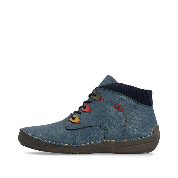 Rieker 52544-14 women's blue zip & lace ankle boots, inner side view.