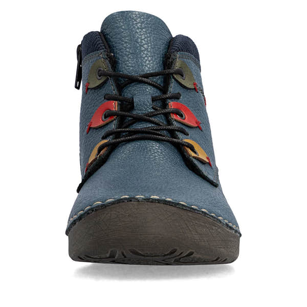 Rieker 52544-14 women's blue zip & lace ankle boots, front view.